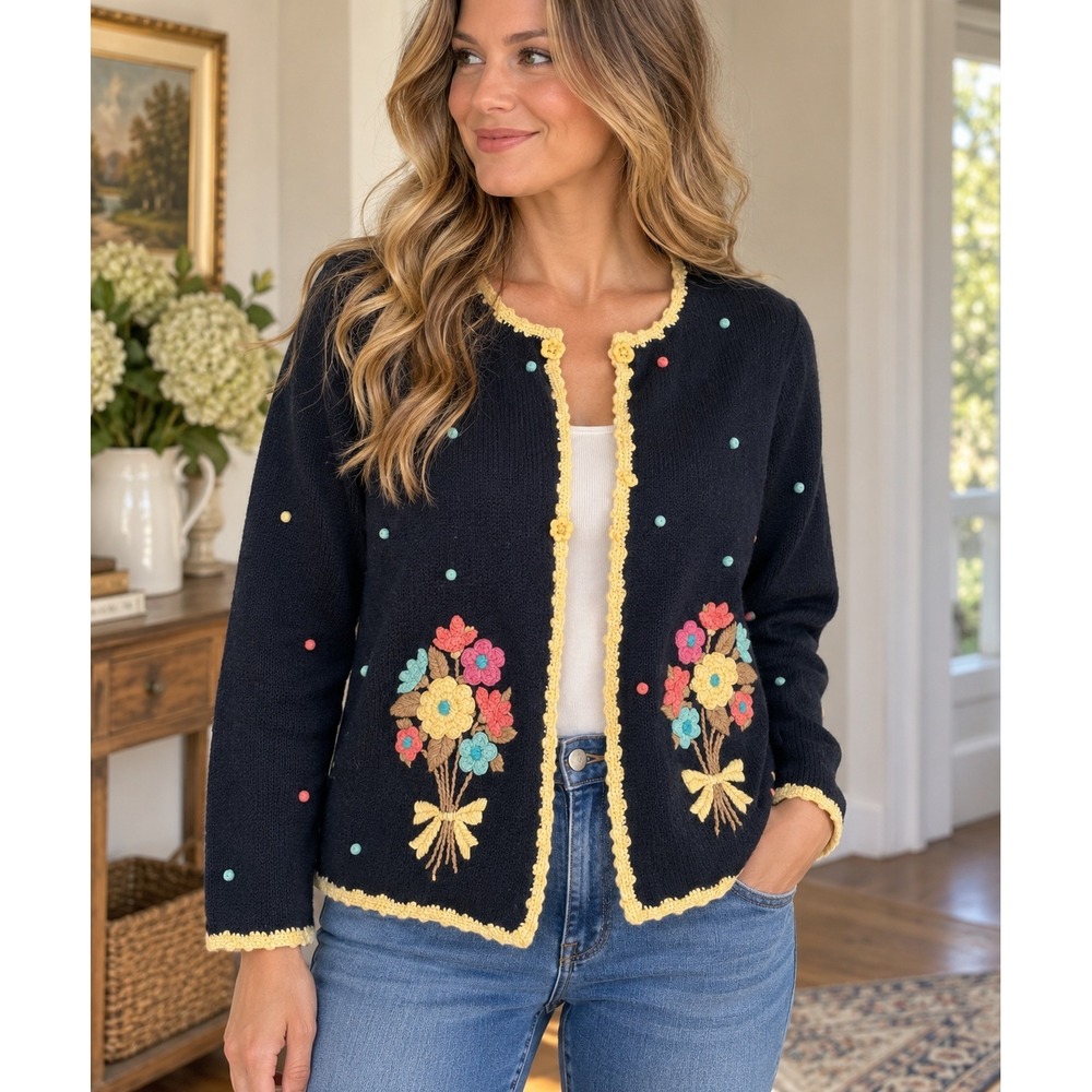 Christopher & Banks Vintage 90s Floral Embroidered Knit Cardigan Navy Blue Large